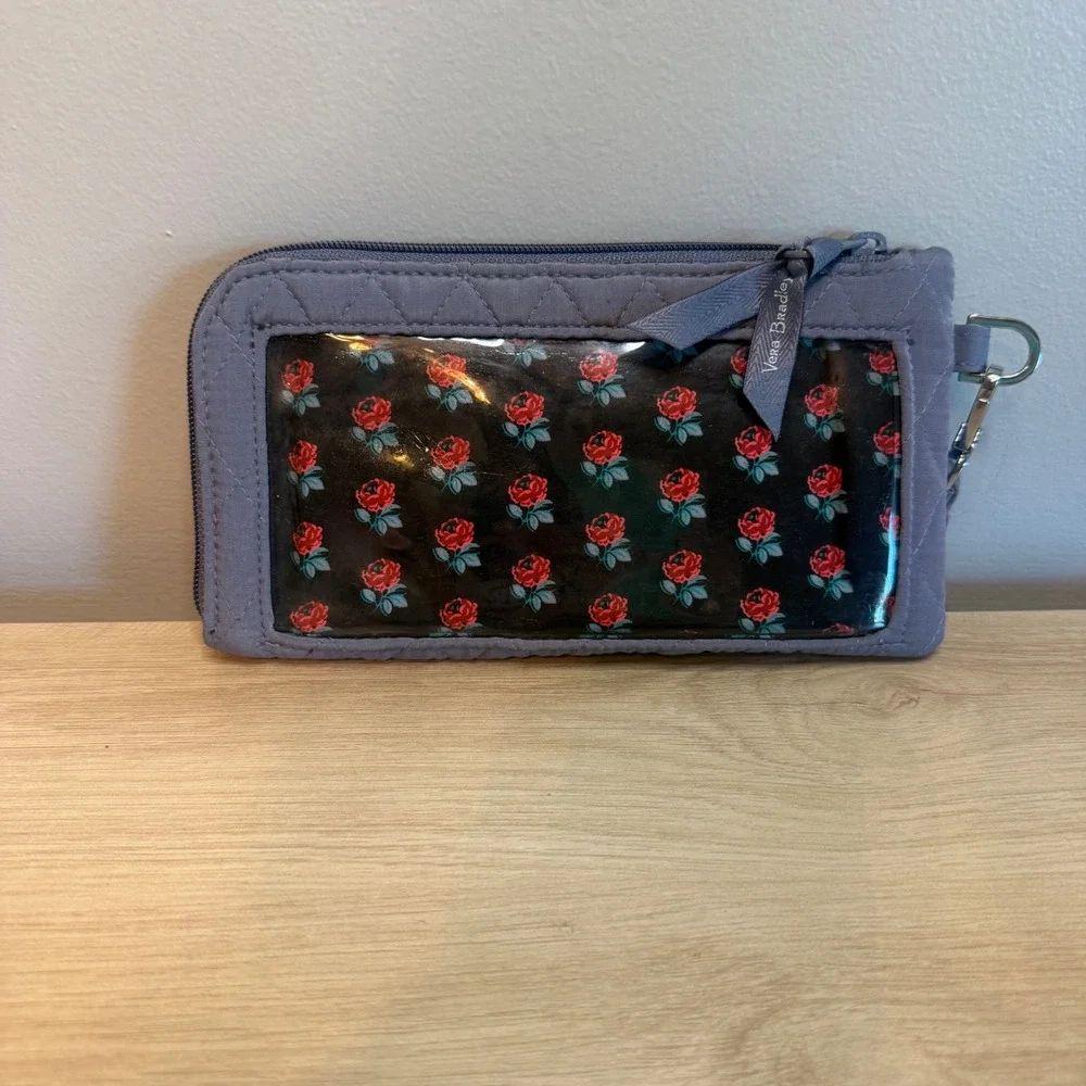Vera Bradley Steel Blue Quilted Wristlet Wallet Floral Interior ID Window 8x4.5